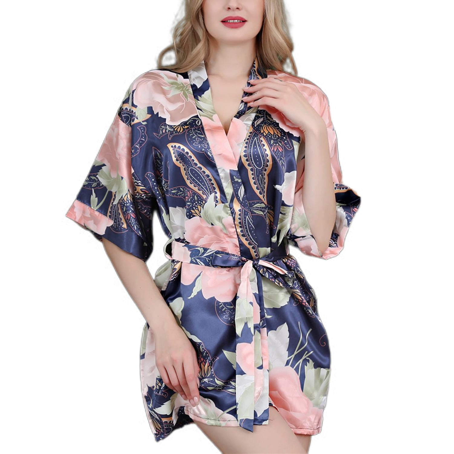 Defitshape Women's Satin Robe Floral Sexy Short Sleeve Kimono Soft ...