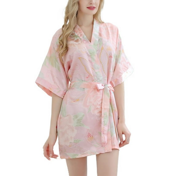 Defitshape Women's Satin Robe Floral Sexy Short Sleeve Kimono Soft Summer V Neck Wrap Bridesmaid Lightweight Short Kimono Robe Sleepwear Pink Medium