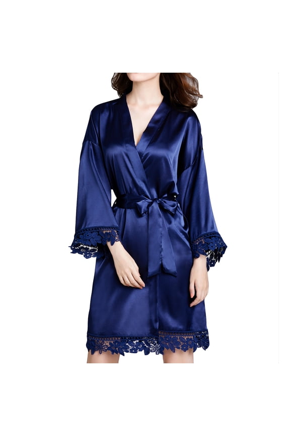 Women's Satin Robe Kimono Bathrobe Loungewear Soft Lace Light Summer Pure Robes Silk Navy One Size
