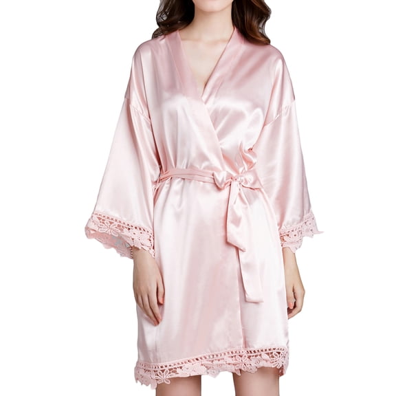 Defitshape Women's Satin Robe Kimono Bathrobe Loungewear Soft Lace Light Summer Pure Robes Silk Pink One Size
