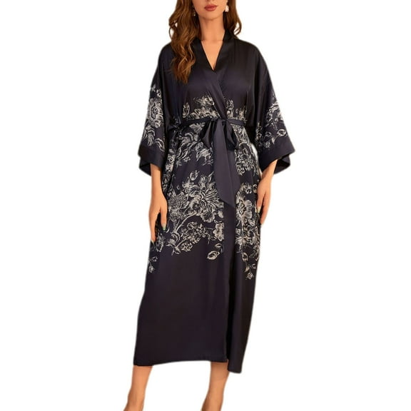 Defitshape Women's Satin Robe Long Kimono Bathrobe Summer Luxury Silky Comfy Lightweight Thin V Neck Cool Fall Kimono Black Small-X-Large