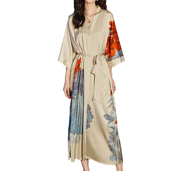 Defitshape Women's Satin Robe Luxury Floral Printed House Light Silky Loose Fit Quarter Sleeve Long Japanese Long Kimono Bathrobe Patterned6 Beige Tan One Size