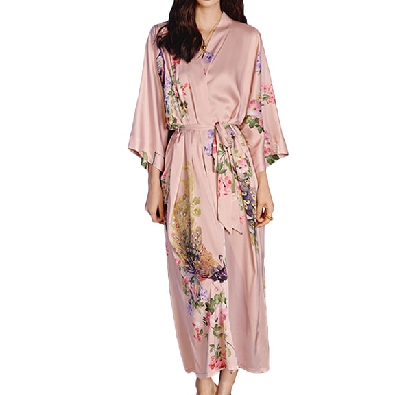 Defitshape Women's Satin Robe Luxury Floral Printed House Light Silky Loose Fit Quarter Sleeve Long Japanese Long Kimono Bathrobe Patterned10 Pink One Size
