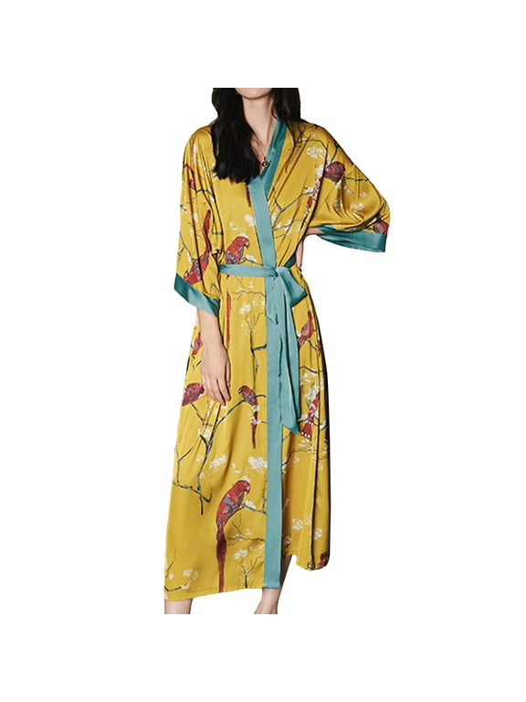 Women's Satin Robe Luxury Floral Printed House Light Silky Loose Fit Quarter Sleeve Long Japanese Long Kimono Bathrobe Patterned12 Yellow One Size