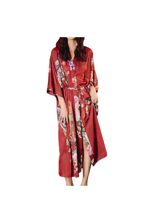 Women's Satin Robe Luxury Floral Printed House Light Silky Loose Fit Quarter Sleeve Long Japanese Long Kimono Bathrobe Patterned8 Red One Size