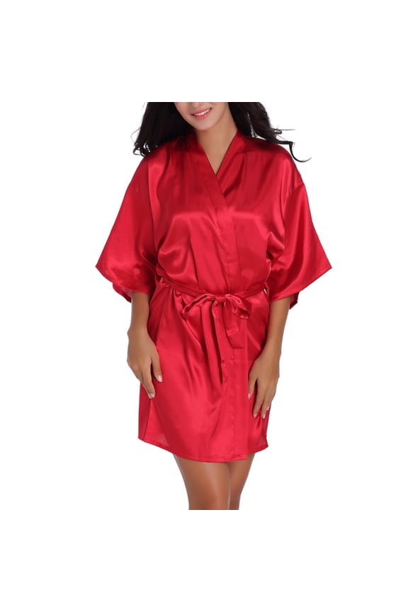 Women's Satin Robe Sexy Short Silk Bath Robe Soft Comfy Lightweight Short Sleeve Sleeping Bathrobe Thin Summer Kimono Robe Wedding Party Bride Bridesmaid Sleepwear Vermillion Large