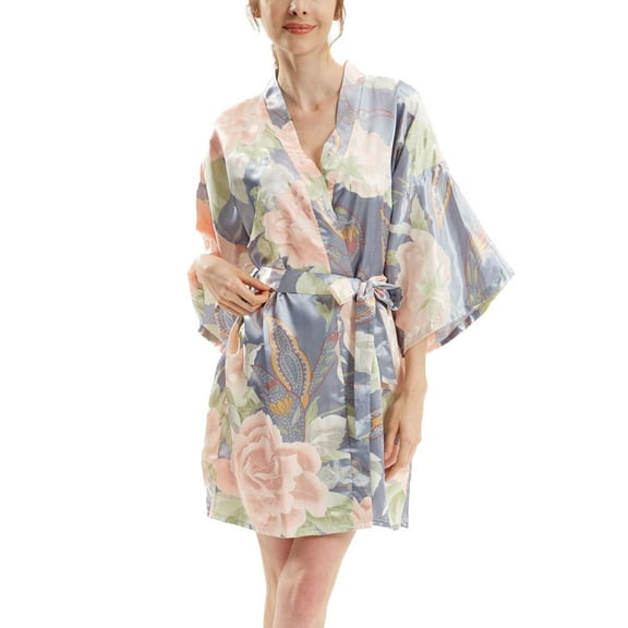 Defitshape Women's Satin Robe Short Sleeve Lightweight Pjs Silky Bathrobe House Thin Summer Cool Slim Fit Fall Spring Soft Wrap Kimono Black Grey Small-Large