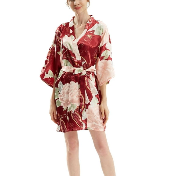 Defitshape Women's Satin Robe Short Sleeve Lightweight Pjs Silky Bathrobe House Thin Summer Cool Slim Fit Fall Spring Soft Wrap Kimono Burgundy Small-Large