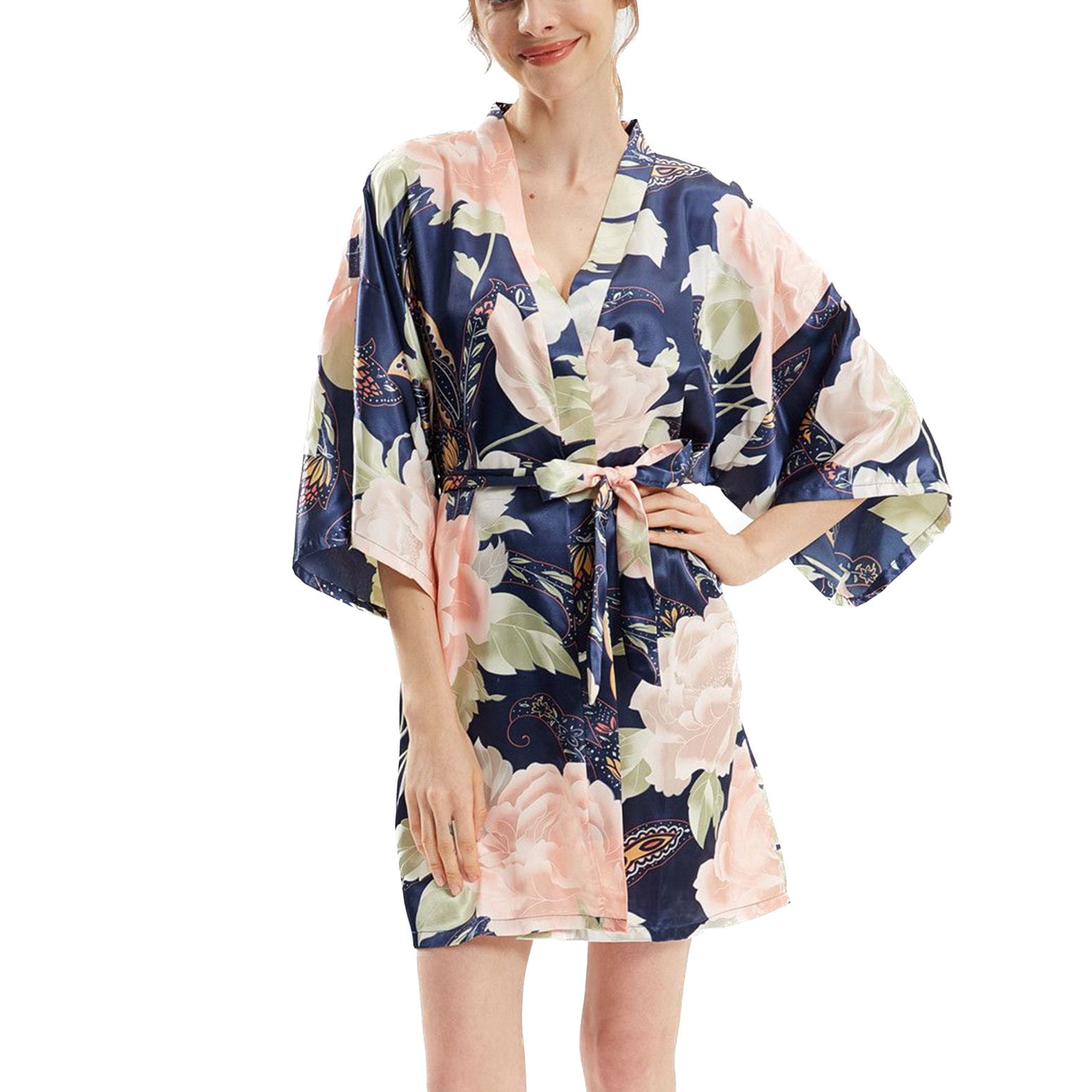 Defitshape Women's Satin Robe Short Sleeve Lightweight Pjs Silky ...