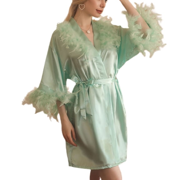 Defitshape Women's Satin Robe Summer Bridesmaid Soft Bridal Silky Luxury Feather Silk Robe Comfy Bathrobe Cyan X-Small