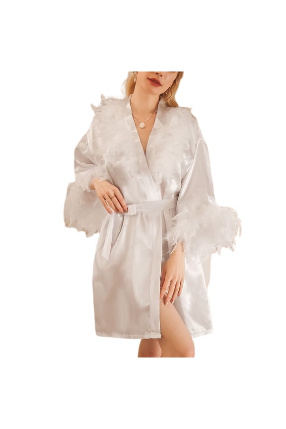 Women's Satin Robe Summer Bridesmaid Soft Bridal Silky Luxury Feather Silk Robe Comfy Bathrobe White Large