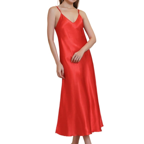 Defitshape Women's Satin Sleep Dress Deep V Neck Silk Nightgown Long Pajama Dresses Sexy Dressing Gown Spaghetti Strap Sleeveless Chemises Tea Length Sleepwear Summer Lingries Red Small