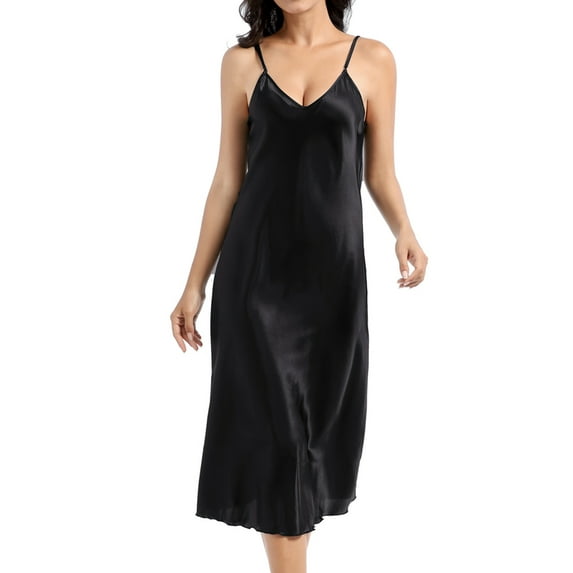 Defitshape Women's Satin Sleep Dress Deep V Neck Silk Nightgown Summer Long Pajama Gown Spaghetti Strap Sleeveless Chemises Tea Length Sleepwear Black Medium
