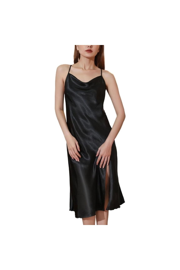 Women's Sexy Chemise Backless Slip Nightgown Satin Silky Summer Soft Cami Strappy Sleeveless Spring Sleep Dress Loose Sleepwear Black XX-Large