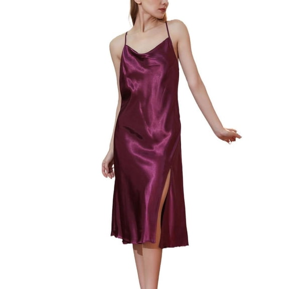 Defitshape Women's Sexy Chemise Backless Slip Nightgown Satin Silky Summer Soft Cami Strappy Sleeveless Spring Sleep Dress Loose Sleepwear Purple Large
