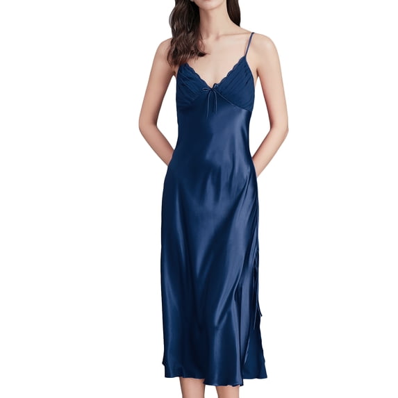 Defitshape Women's Sexy Nightgown Side Splits Chemise Lingerie Satin Lace V Neck Full Slip Sleep Dress Lounge Slits Cami Sleeveless Silk Maxi Nightwear Spaghetti Strap Navy Medium