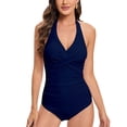 thumbnail image 1 of Defitshape Women's Sexy One Piece Swimsuit Beach Padded Swimming Ruched Summer Halter Criss Cross V Neck Tummy Control One Piece Bathing Suit Navy Large, 1 of 1