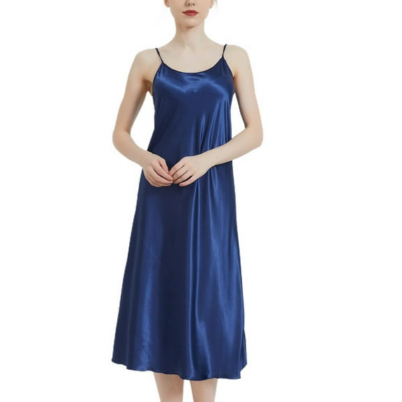 Defitshape Women's Sexy Satin Nightgown Spaghetti Straps Sleep Dress Summer Soft Silky Sleeveless Lightweight Summer Sleepwear Navy Medium