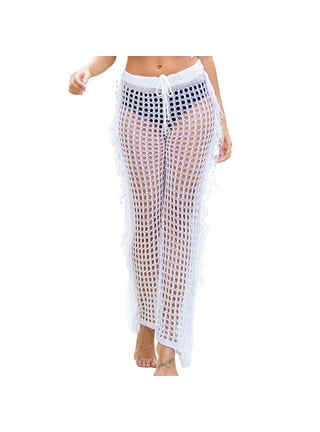 Women See Through Wide Leg Cover Up Pants High Waist Sheer Mesh Pants  Swimsuit Palazzo Beach Pants 