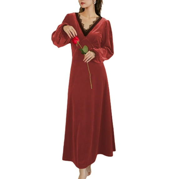 Defitshape Women's Sexy Velvet Vintage Nightgown Soft Pjs Warm Winter Long Lace Sleeping Spring Thick Loungewear Pink Medium
