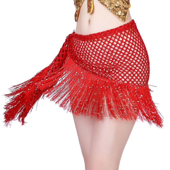 Defitshape Women's Sexy Wrap Skirt Cover Ups Summer Sequin Fashion Sheer Knitted Fall Winter Belly Dance Low Waist Thin Red One Size