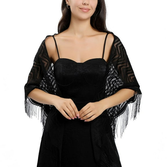 Defitshape Women's Sheer Pashmina Lace Shawl Cape Thin Soft Fringe Fall Elegant Lightweight Shawls And Wraps Black One Size