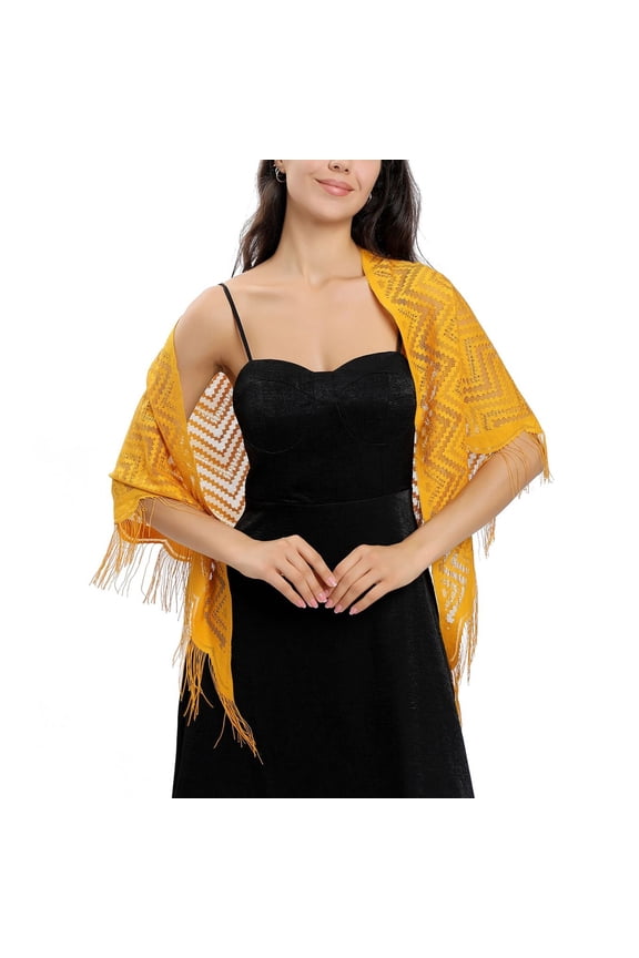 Women's Sheer Pashmina Lace Shawl Cape Thin Soft Fringe Fall Elegant Lightweight Shawls And Wraps Golden One Size