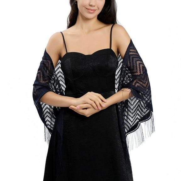 Defitshape Women's Sheer Pashmina Lace Shawl Cape Thin Soft Fringe Fall Elegant Lightweight Shawls And Wraps Navy One Size