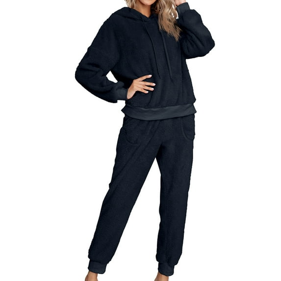 Defitshape Women's Sherpa Fleece Pajama Set Plain 2 Piece Hoodie Joggers Sweat Outfit Soft Sweatsuit Cozy Long Sleeve Shirt Pants Set Fall Spring Pjs Loungewear Lounge Set Navy X-Large