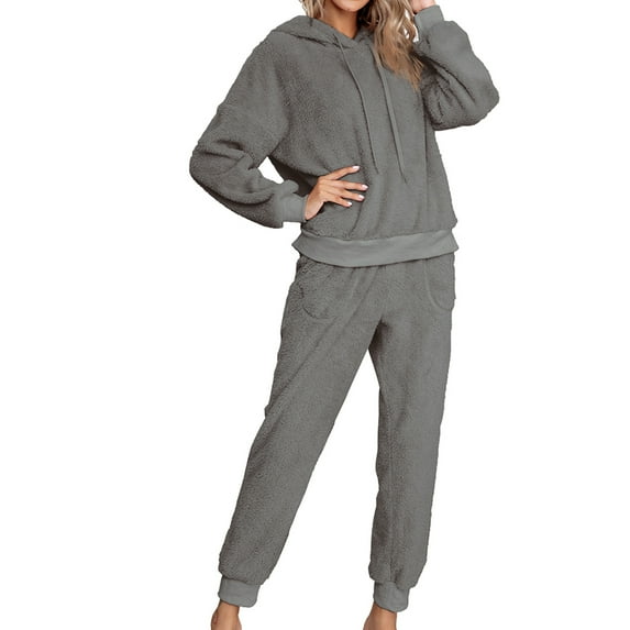 Defitshape Women's Sherpa Fleece Pajama Set Plain 2 Piece Hoodie Joggers Sweat Outfit Soft Sweatsuit Cozy Long Sleeve Shirt Pants Set Fall Spring Pjs Loungewear Lounge Set Dark Grey Small