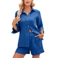 thumbnail image 1 of Defitshape Women's Short 2 Piece Outfits Casual Shorts Set Summer Thin Button Down 3/4 Sleeve Blouse Office Dressy Outfit Dark Blue Medium, 1 of 1