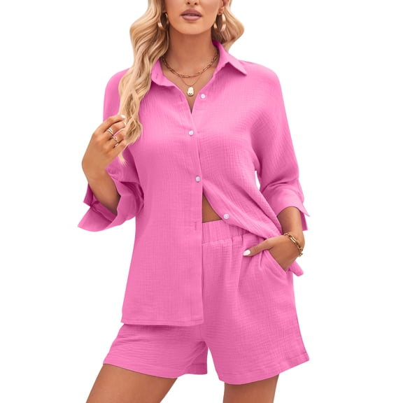 Defitshape Women's Short 2 Piece Outfits Casual Shorts Set Summer Thin Button Down 3/4 Sleeve Blouse Office Dressy Outfit Rose Small
