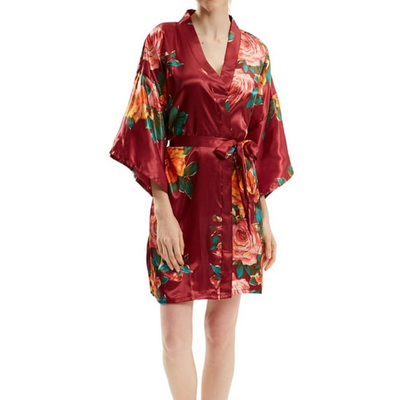 Defitshape Women's Short Bathrobe Bride Kimono Robe Floral Lightweight Soft Summer Satin Luxury Sleepwear Burgundy Small-X-Large