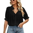 thumbnail image 1 of Defitshape Women's Short Sleeve Blouse Chiffon Puff Sleeve Top Ruffle Shirt Soft Loose Fit Summer Holiday Cute Black XX-Large, 1 of 4