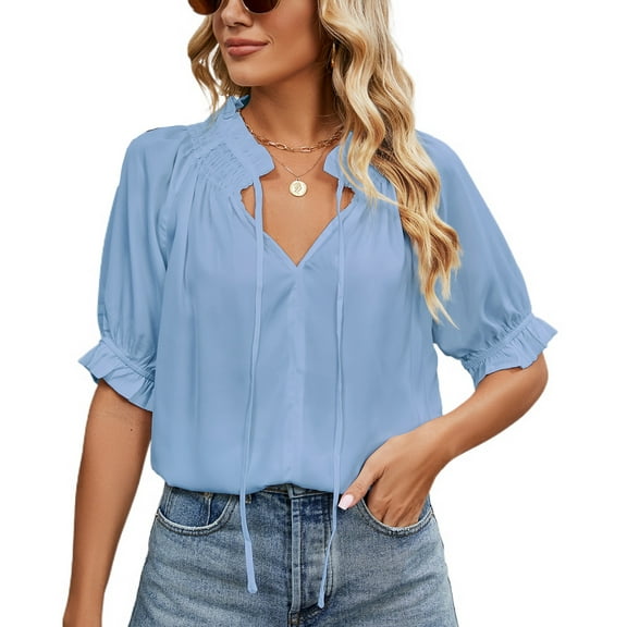 Defitshape Women's Short Sleeve Blouse Chiffon Puff Sleeve Top Ruffle Shirt Soft Loose Fit Summer Holiday Cute Sky Blue XX-Large