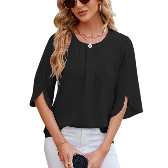 Defitshape Women's Short Sleeve Blouse Fall Spring Shirt Bell Sleeve T Shirt Cool Loose Fit Summer Work Half Sleeve Chiffon Tops Lightweight Tshirt Black Medium