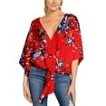 thumbnail image 1 of Defitshape Women's Short Sleeve Blouse Split Oversized Loose Fit Fashion Summer Fall Top Peasant V Neck Lightweight Chiffon Shirt Soft Floral Boho Shirt Vermillion 16-18, 1 of 1