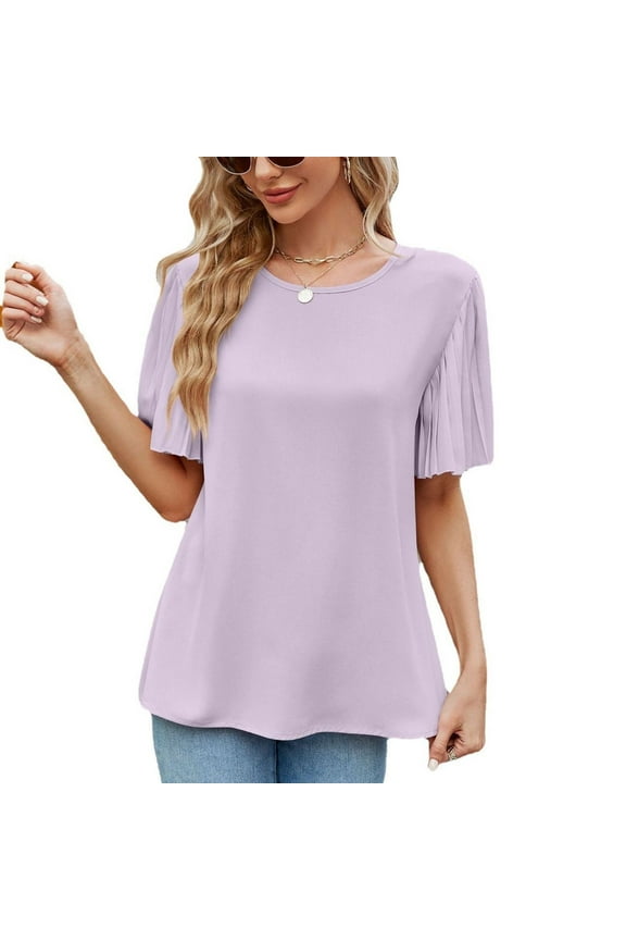 Women's Short Sleeve Bouse Fall Shirt Fashion Chiffon Summer Lightweight Top Elegant Loose Thin T Shirt Light Purple XX-Large