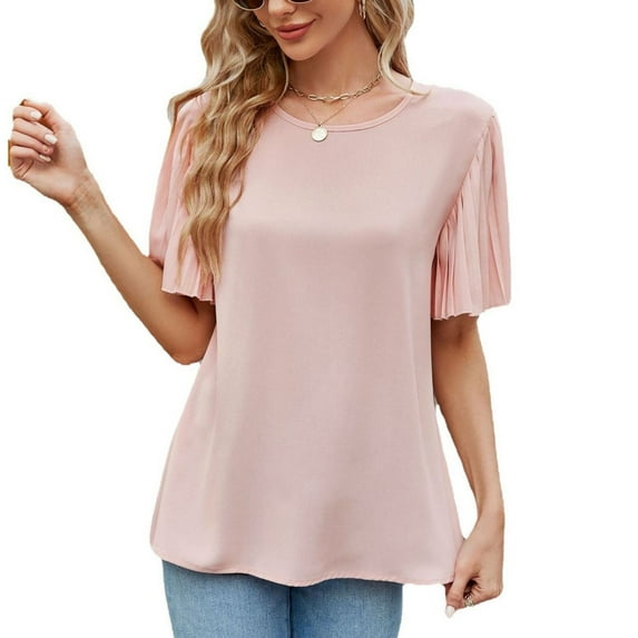 Defitshape Women's Short Sleeve Bouse Fall Shirt Fashion Chiffon Summer Lightweight Top Elegant Loose Thin T Shirt Pink X-Large