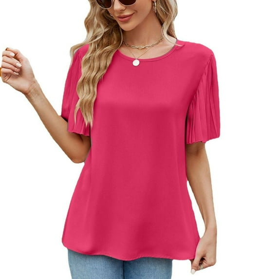 Defitshape Women's Short Sleeve Bouse Fall Shirt Fashion Chiffon Summer Lightweight Top Elegant Loose Thin T Shirt Rose XX-Large