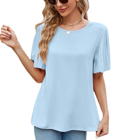 Defitshape Women's Short Sleeve Bouse Fall Shirt Fashion Chiffon Summer Lightweight Top Elegant Loose Thin T Shirt Sky Blue Medium