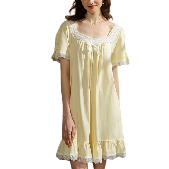 Defitshape Women's Short Sleeve Cotton Nightgown Princess Ruffle Kee Length Pj Dress Summer Sleepwear Vintage Frilly Loungewear Cute Bowknot Lace V Neck Short Sleep Shirt Yellow Medium