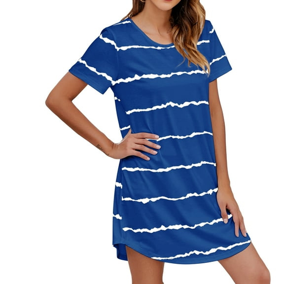 Defitshape Women's Short Sleeve Cotton Nightgown Sleepwear Cute Loungewear Sleep Shirt Short Nightshirt Nightwear Summer Nighties Polyester Lounge Dress Striped Fitted Blue X-Small