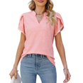 thumbnail image 1 of Defitshape Women's Short Sleeve Cotton T Shirt Solid Loose Fit Notch V Neck Shirt Lightweight Lace Flutter Sleeve Blouse Soft Summer Top Pink XX-Large, 1 of 4