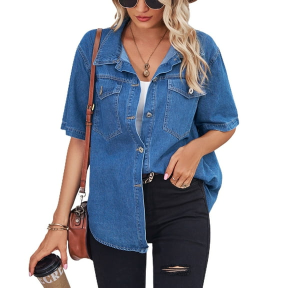 Defitshape Women's Short Sleeve Denim Shirt Button Up Top Denim Boyfriend Fashion Pocket Western Spring Button Up Shirt Dark Blue X-Large