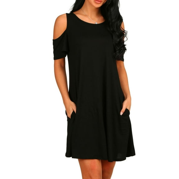 Defitshape Women's Short Sleeve Dress Billowy Baby Doll Dress A Line Casual Crew Neck Comfy Cool Cold Shoulder Sleeve Babydoll Black X-Large