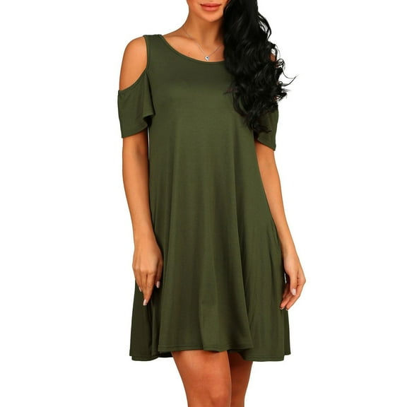 Defitshape Women's Short Sleeve Dress Billowy Baby Doll Dress A Line Casual Crew Neck Comfy Cool Cold Shoulder Sleeve Babydoll Green XX-Large
