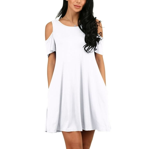 Defitshape Women's Short Sleeve Dress Billowy Baby Doll Dress A Line Casual Crew Neck Comfy Cool Cold Shoulder Sleeve Babydoll White Large