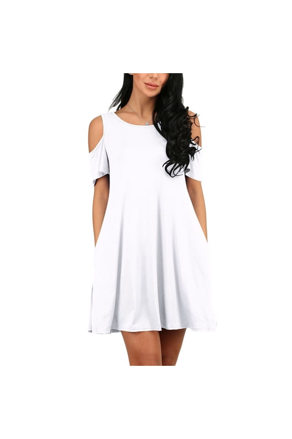 Women's Short Sleeve Dress Billowy Baby Doll Dress A Line Casual Crew Neck Comfy Cool Cold Shoulder Sleeve Babydoll White XX-Large
