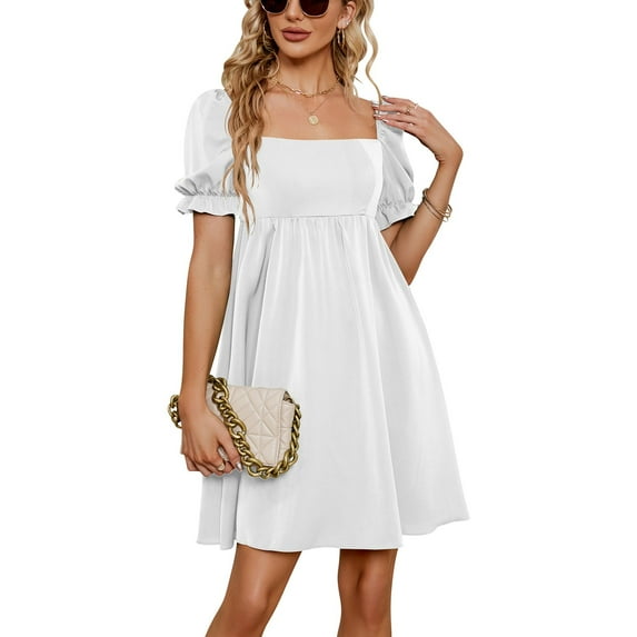 Defitshape Women's Short Sleeve Dresses Short Sundress Ruffle Ruched Fall High Waist Casual Elegant Fashion Dress White XX-Large